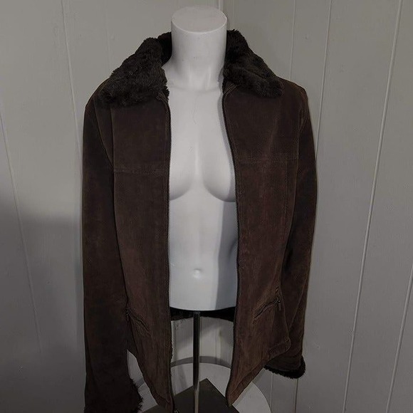 Vintage Authentic GUESS 100% Leather Suede Jacket Faux Fur Lining Y2K MediumccX - Picture 10 of 12